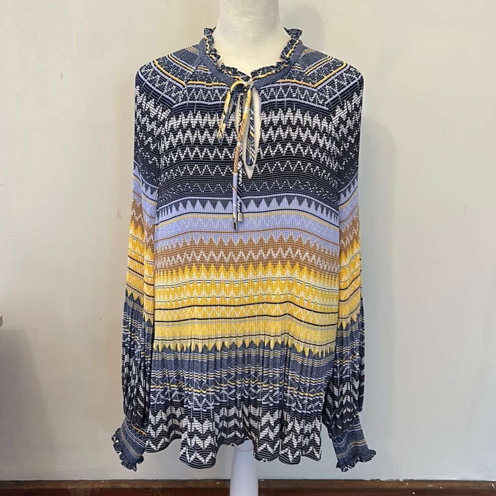 Ted Baker navy, yellow white long sleeve ruffle neck blouse Size 5 Gorgeous